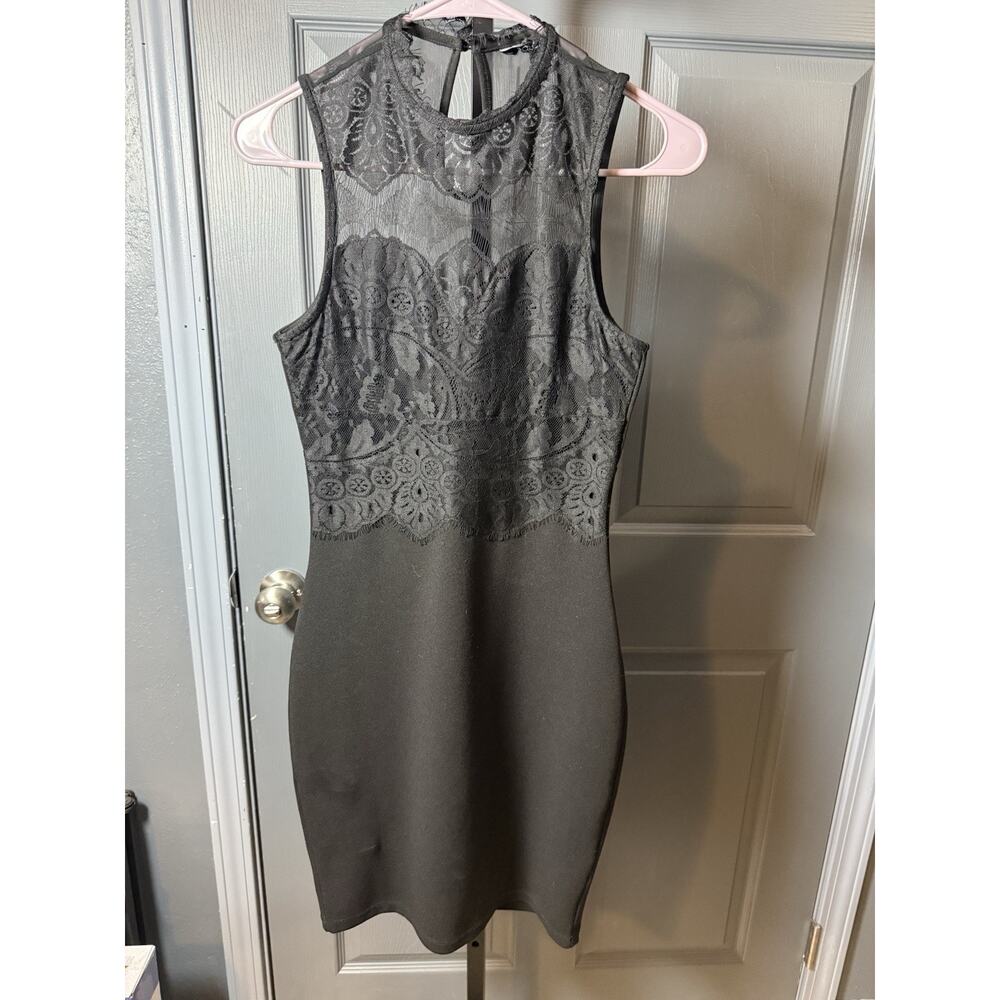 CoolCat Black Lace Bodycon Dress Sheer High Neck Mini Club Party Size S
